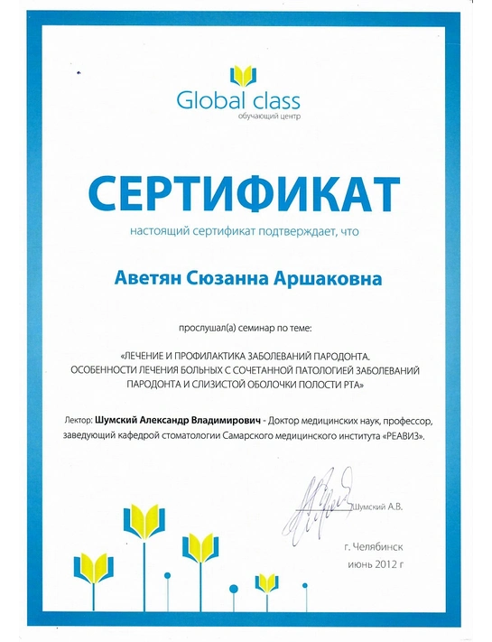 Сертификат семинара «Лечение и профилактика заболеваний пародонта» (июнь 2012, г. Челябинск)