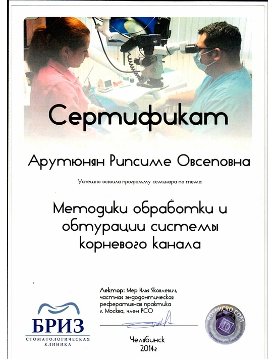 Сертификат семинара «Методики обработки и обтурации системы корневого канала» (2014, г. Челябинск)