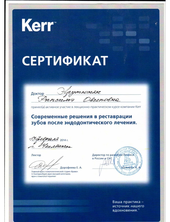 Сертификат лекционно-практического курса «Современные решения в реставрации зубов после эндодонтического лечения» (13.02.14, г. Челябинск)