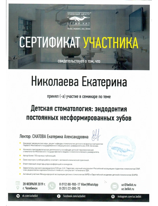 Сертификат семинара «Детская стоматология: эндодонтия постоянных несформированных зубов» (2019, г. Челябинск)