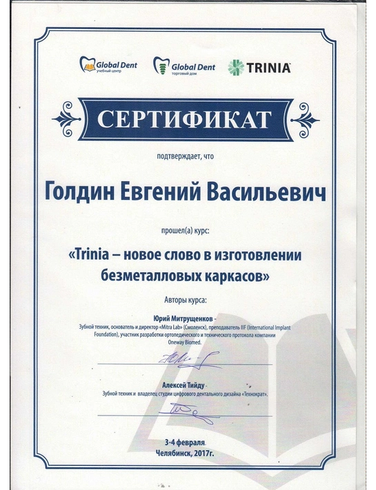 Сертификат курса «Trinia - новое слово в изготовлении безметалловых каркасов» (февраль 2017, г. Челябинск)