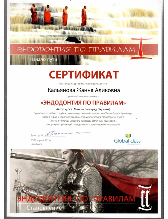 Сертификат семинара «Эндодонтия по правилам» (апрель 2013, г. Челябинск)