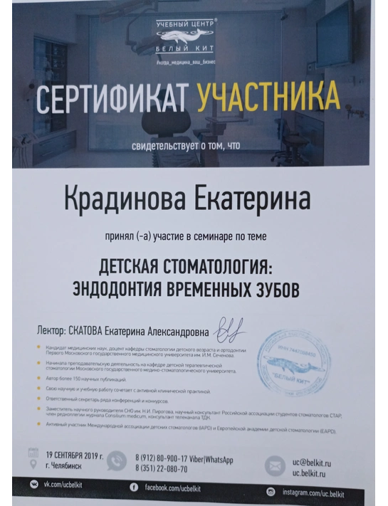 Сертификат семинара «Детская стоматология: эндодонтия временных зубов» (2019, г. Челябинск)