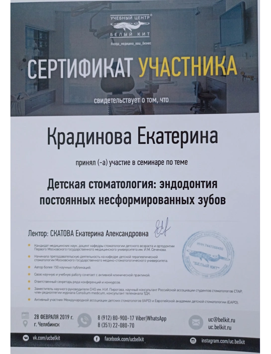 Сертификат семинара «Детская стоматология: эндодонтия постоянных несформированных зубов» (2019, г. Челябинск)