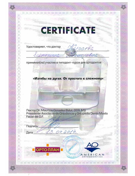 Сертификат типодонт-курса «Изгибы на дугах. От простого к сложному» (2014)