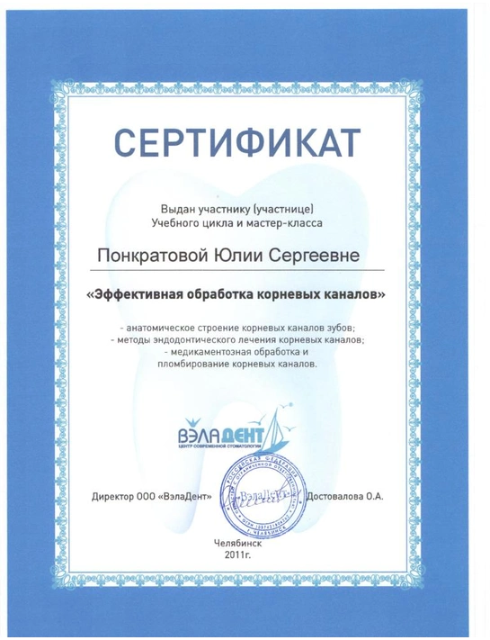 Сертификат мастер-класса «Эффективная обработка корневых каналов» (2011, г. Челябинск)