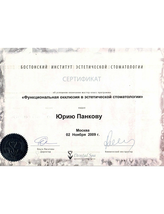 Сертификат мастер-класса «Функциональная окклюзия в эстетической стоматологии» (2009, г. Москва)