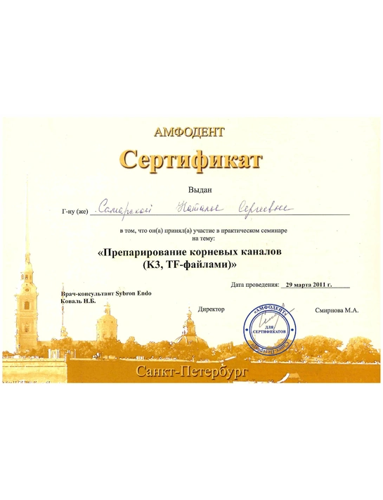 Сертификат практического семинара «Препарирование корневых каналов (К3, TF-файлами)» (2011)