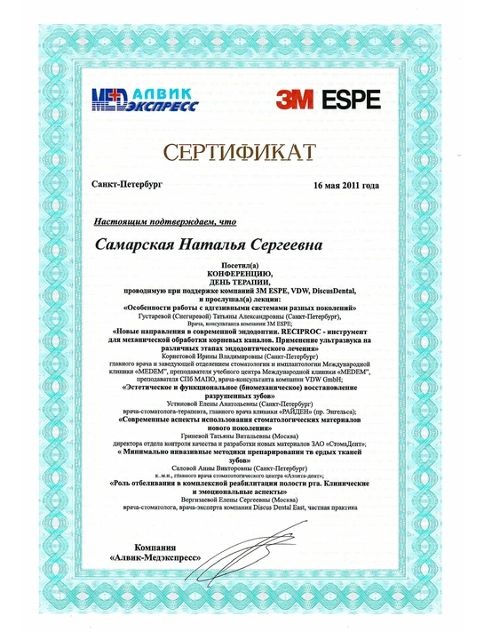 Сертификат конференции «День терапии» (2011, г. Санкт-Петербург)