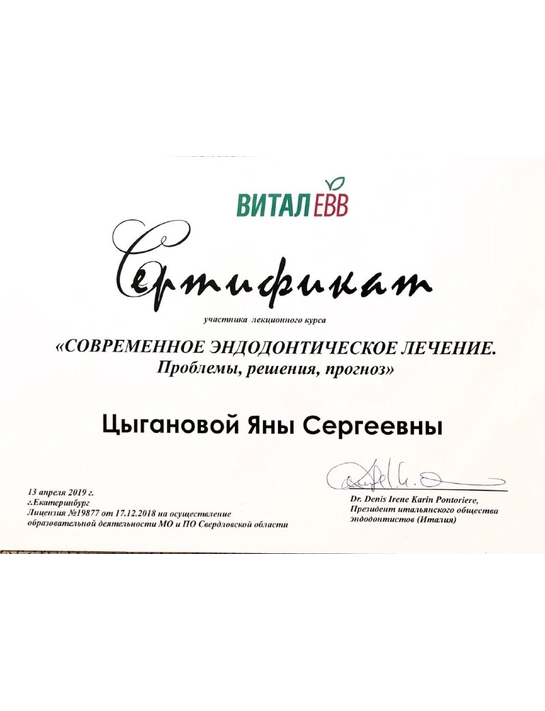 Сертификат лекционного курса «Современное эндодонтическое лечение» (2019, г. Екатеринбург)