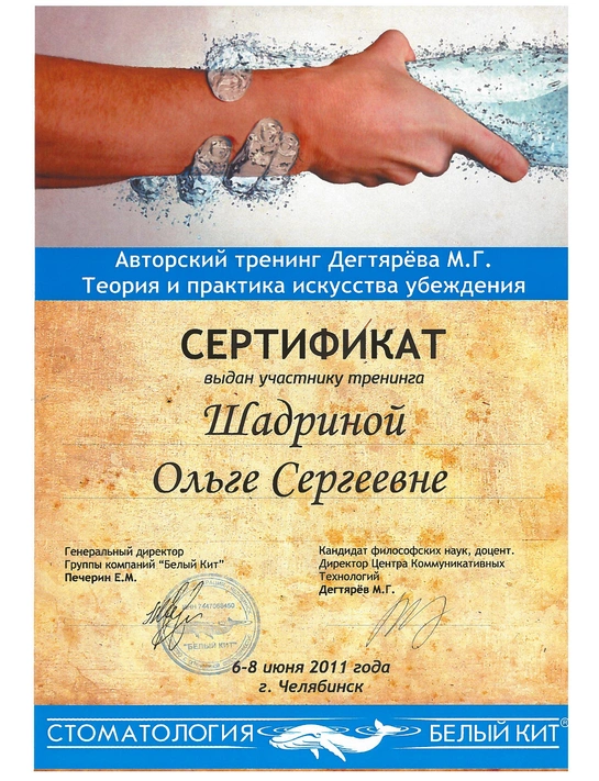 Сертификат тренинга «Теория и практика искусства убеждения» (2011, г. Челябинск)