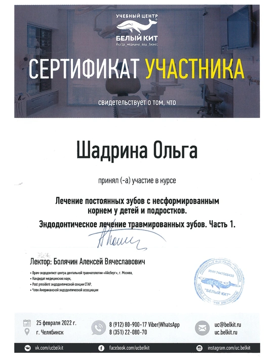 Сертификат курса «Лечение постоянных зубов с несформированным корнем у детей и подростков» (2022, г. Челябинск)