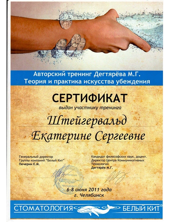 Сертификат тренинга «Теория и практика искусства убеждения» (2011, г. Челябинск)